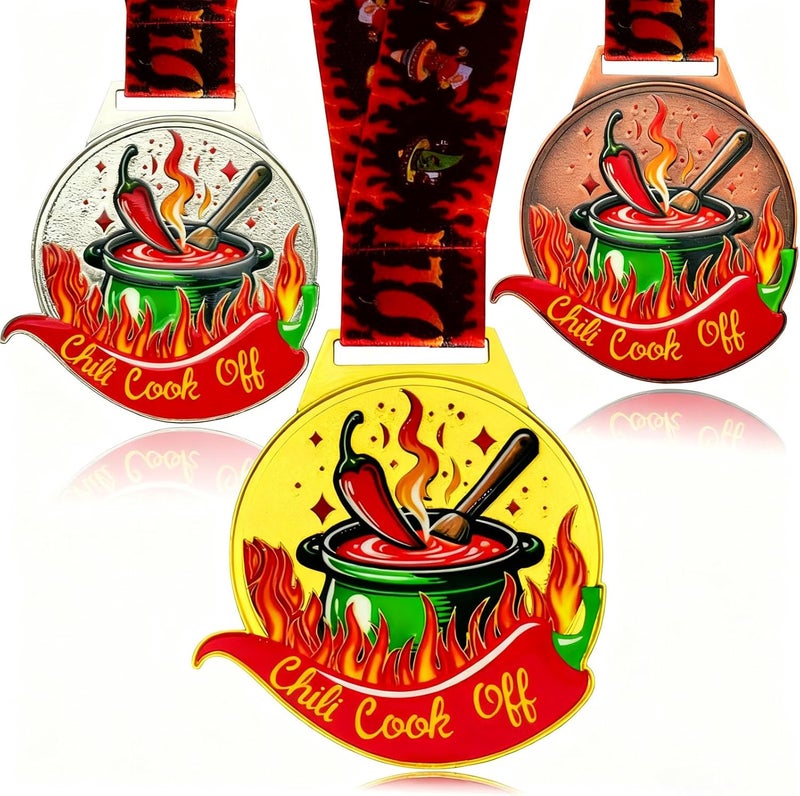 YUJUE 3 Pcs Chili Cook Off Medals Trophies Prizes, Chili Cook Off for 1st 2nd 3rd Place Medals, Chili Cook Off Premium Trophy Medals for Award Ceremony, Winner Medals with Neck Ribbon - Image 1